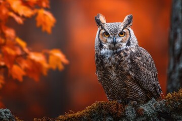 Obraz premium Majestic Owl Perched on Mossy Branch with Vibrant Autumn Background