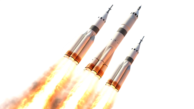 set of rockets launching with fire and smoke isolated on white background PNG. GENERATIVE AI