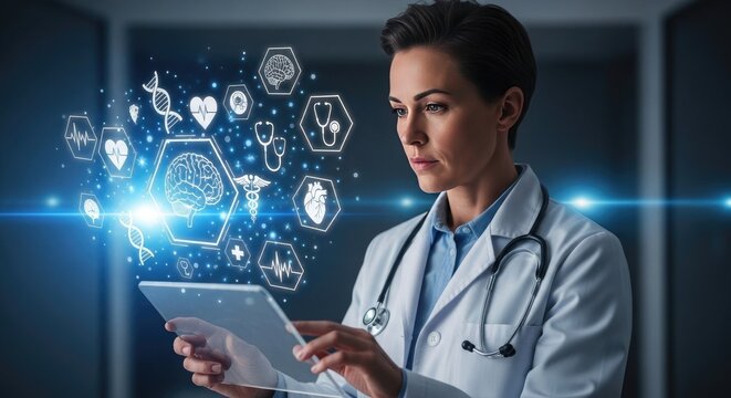 Doctor using tablet with medical holographic interface