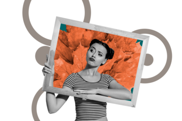 Trend artwork image collage of monochrome autumn fallen leaves season outdoors nature young lady grimace posing hold picture frame