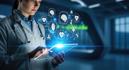 Doctor using tablet with medical icons and brain scan