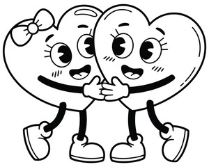 Two cartoon hearts hugging isolated on white background