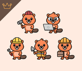 A collection of five cute cartoon beaver characters representing different professions, including a builder, programmer, and handyman with tools.