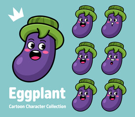 Cartoon eggplant character collection with various expressions.