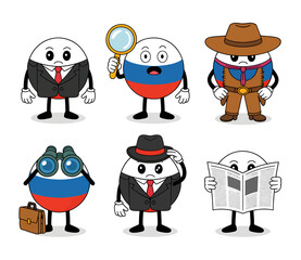 Six cartoon characters, each a round shape with the Russian flag colors, dressed in various outfits.