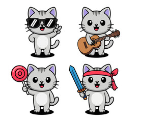 Cartoon cats: sunglasses, guitar, lollipop, sword, cute vector illustrations.