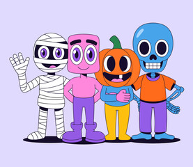 A group of four friendly cartoon characters in Halloween costumes standing together.