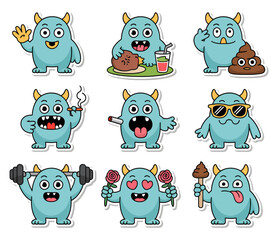Set of cute blue cartoon monster stickers showing various emotions and activities like eating, smoking, exercising, and being in love.