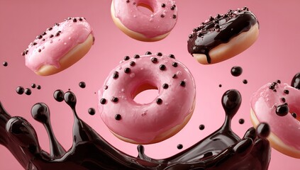 Obraz premium Indulge in delightful pink iced donuts cascading through rich chocolate splashes, a sweet treat explosion for your senses and creative projects