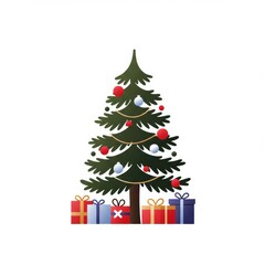 Naklejka premium Rustic Christmas decor with a tree adorned in red, white, and blue ornaments, golden garland, and colorful wrapped presents beneath, evoking cozy festive charm and traditional holiday warmth