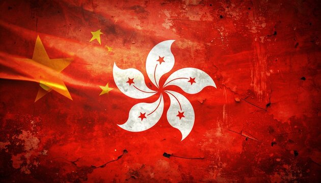 "Hong Kong flag with white Bauhinia flower and red stars on textured red background, evoking bold identity and artistic grit."