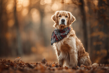 Golden Retriever in Plaid Bandana Sitting in Autumn Forest
