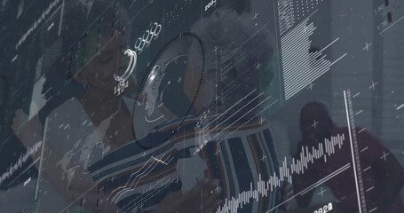 Two women reuniting and activating tech chart overlay while man joining hug for trio embracing