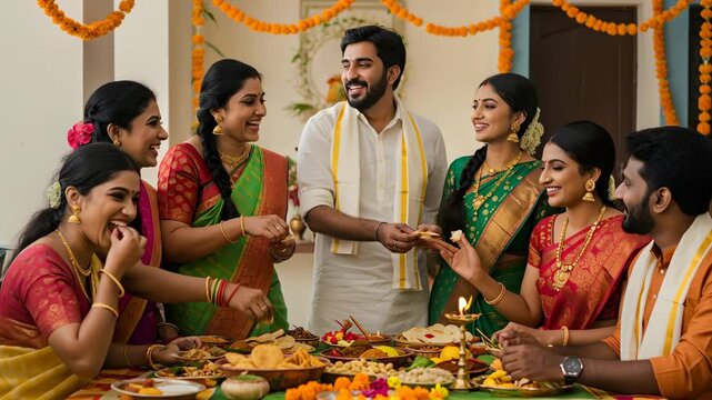 Happy family and friends celebrating Indian holiday festival feast event together, sharing food and joy, footage.