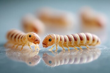 Naklejka premium Close up macro shot of fly larvae crawling on a reflective surface, showcasing intricate details and textures, highlighting the fascinating world of insects and their life cycle