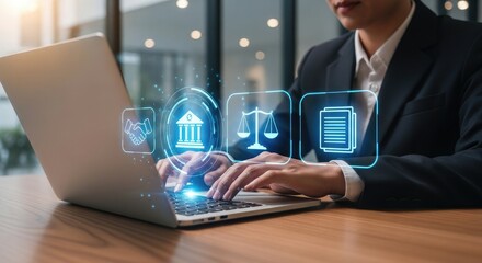 Lawyer Using Laptop with Legal Icons and Handshake