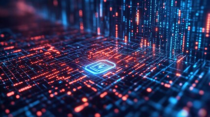 Cyber protection system visualized as neon data grids