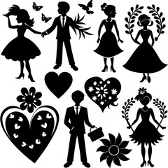 Valentine's Day Silhouette Vector,   Romantic Silhouette Vector,  Happy Valentine's day vector,  Valentines Day icon set, black silhouette style. Love, romance, wedding collection