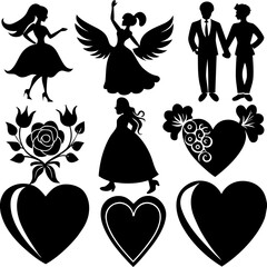 Valentine's Day Silhouette Vector,   Romantic Silhouette Vector,  Happy Valentine's day vector,  Valentines Day icon set, black silhouette style. Love, romance, wedding collection