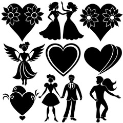 Valentine's Day Silhouette Vector,   Romantic Silhouette Vector,  Happy Valentine's day vector,  Valentines Day icon set, black silhouette style. Love, romance, wedding collection