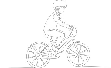 Simple Outline Line Art Cyclist Riding Bicycle with Helmet Illustration