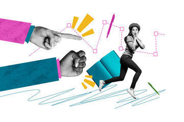 Composite photo collage of astonished girl run bully hands fist threat index dismissal problem...