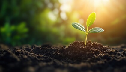 The Growth Of Young Green Seedlings In Rich Soil And Sunlight: A Symbol Of Business Success, Development, And Profit. Ecology And Business In Plant Growth Evolution From Seed To Sapling.