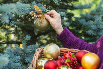 Hand decorating an outdoor Christmas tree with a golden ornament and festive baubles.