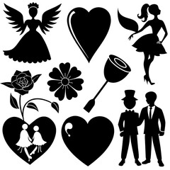 Valentine's Day Silhouette Vector,   Romantic Silhouette Vector,  Happy Valentine's day vector,  Valentines Day icon set, black silhouette style. Love, romance, wedding collection