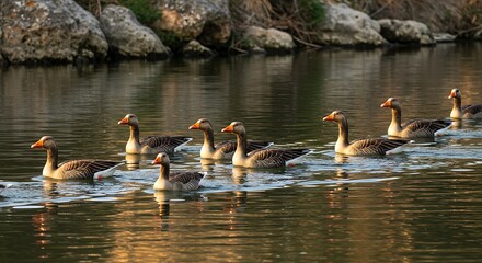 Geese swimming in serene water near rocky shoreline on a sunny day