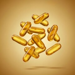 Golden Softgel DHA Algal Oil Supplement Capsules on Gold Background