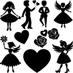 Valentine's Day Silhouette Vector,   Romantic Silhouette Vector,  Happy Valentine's day vector,  Valentines Day icon set, black silhouette style. Love, romance, wedding collection