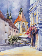 An old beautiful architecture of Graz (Styria). Picture painted with watercolors.