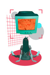 Composite trend artwork sketch image photo collage of young woman sit back computer monitor display brainwashing sports roller skaters