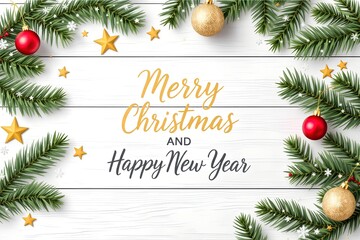 Merry Christmas and Happy New Year Greeting Card with Pine Branches illustration.