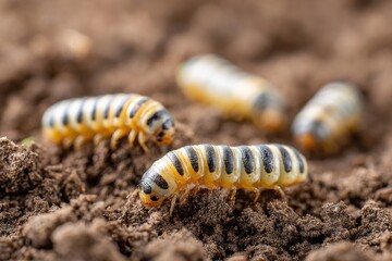 Insect larvae crawling on rich organic farm soil, showcasing natural textures and colors, highlighting the importance of biodiversity in sustainable agriculture practices