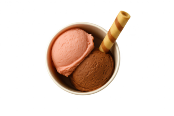 Pink and chocolate ice cream scoops with wafer in a cup, isolated on transparent background