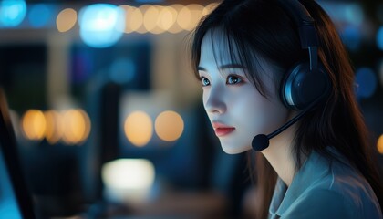 Asian Lady Customer Service Operators Providing Night Shift Assistance To Clients In 24-Hour Call Center. Night Shift Call Center Operators Available Around The Clock.