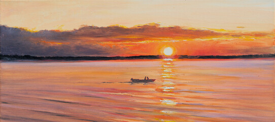Boat during sunset. Abstract painting art work was performed in the style of Impressionism wallpaper .