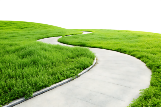 Winding asphalt path through green grass isolated on a transparent background