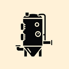 Industrial equipment with a cylindrical body, multiple valves, and a conical bottom, used in manufacturing or processing plants