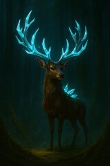 Fototapeta premium Crystal antler stag glowing in mystical forest with ethereal light