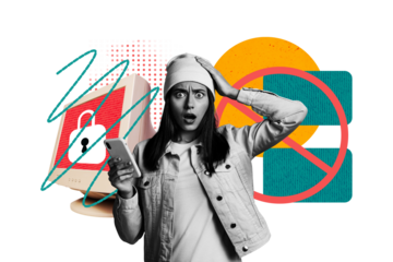 Sketch collage of worried nervous woman panic stupor code wrong password isolated on drawing background