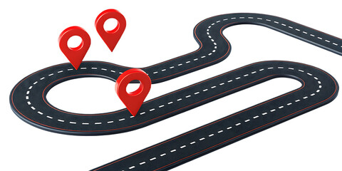 Fototapeta premium Winding asphalt road with red location markers isolated on a transparent background