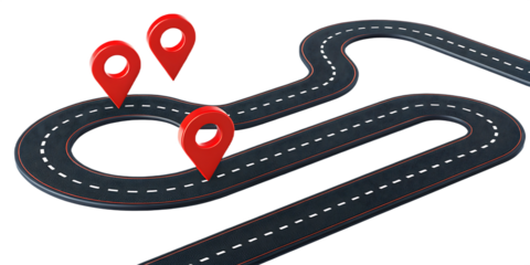 Winding asphalt road with red location markers isolated on a transparent background