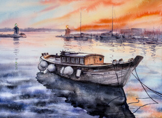 Wooden fishing boat in marina during sunset. Picture created with watercolors.