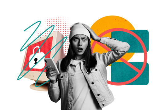 Sketch collage of worried nervous woman panic stupor code wrong password isolated on drawing background