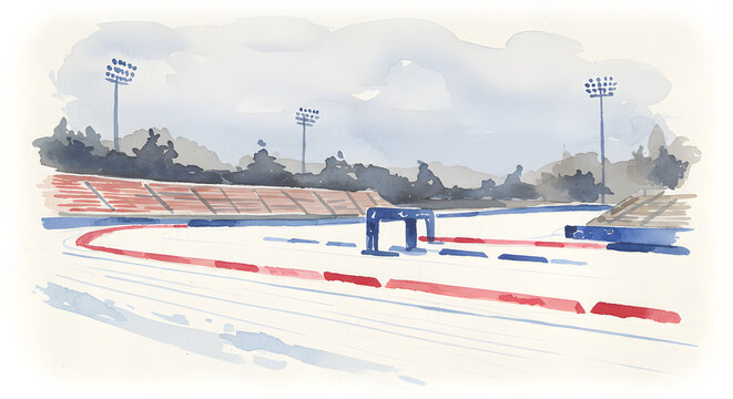 A watercolor illustration of a winter Ski stadium, suitable for backgrounds for ski race announcements announcements, competition posters, and sports news articles.