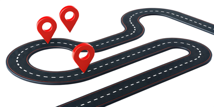 Winding asphalt road with red location markers isolated on a transparent background - Powered by Adobe