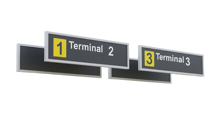 A set of 3 airport terminal signs isolated on white background, aviation and travel direction boards for passenger navigation, flight information, airport guidance, transport, and international travel